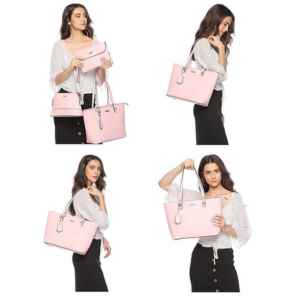 Women Fashion Synthetic Leather Handbags Tote Bag Shoulder Bag Pink - Picture 4 of 6